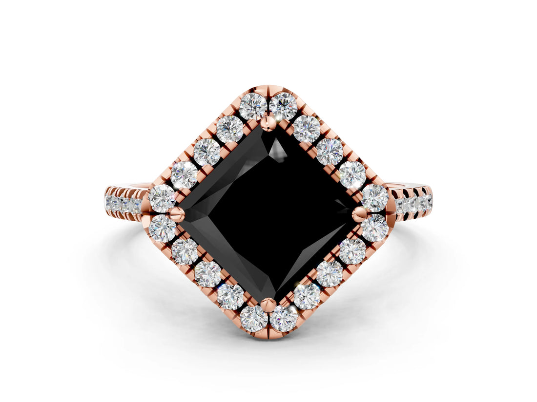 Rose gold Fancy Black Princess Cut Diamond Cushion Halo Ring with Pavé Band