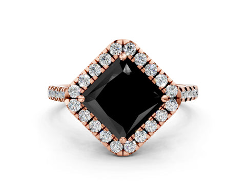 Rose gold Fancy Black Princess Cut Diamond Cushion Halo Ring with Pavé Band