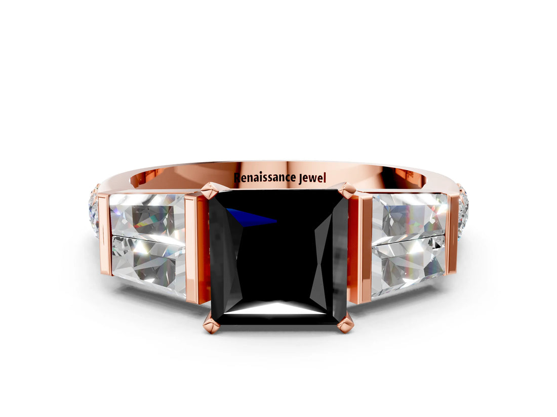 Rose gold Fancy Black Princess Cut Diamond Engagement Ring with Baguette Side Stones and Channel Set Band_12