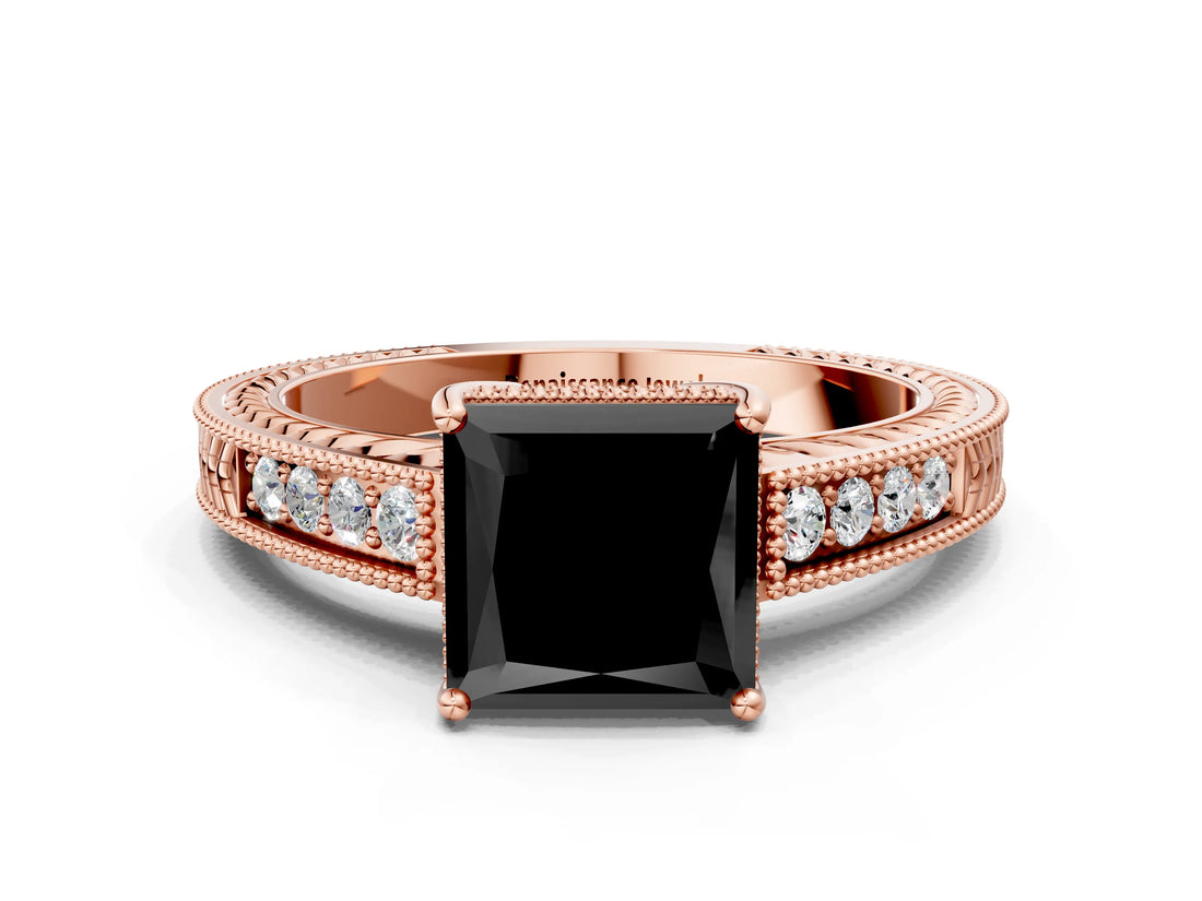 Rose gold Fancy Black Princess Cut Diamond Engagement Ring with Milgrain Channel Set Band and Prong Setting