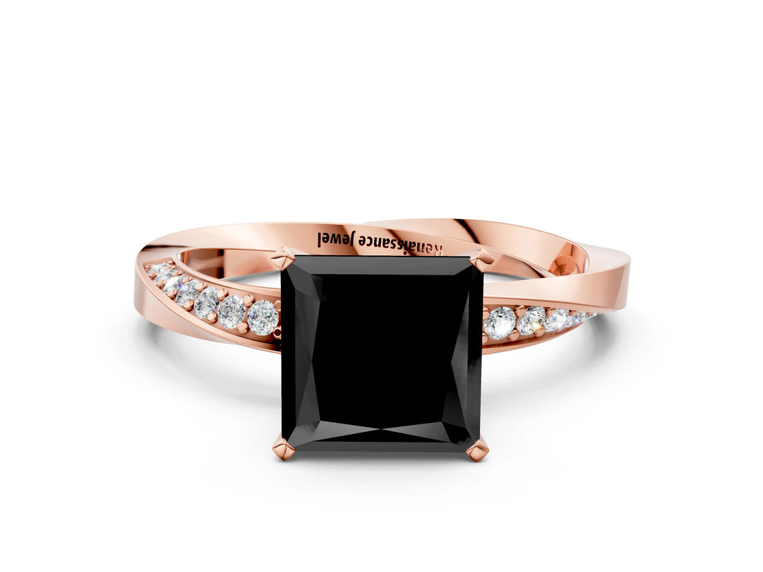 Rose gold Fancy Black Princess Cut Diamond Engagement Ring with Side Stone Accents and Four-Prong Setting_96