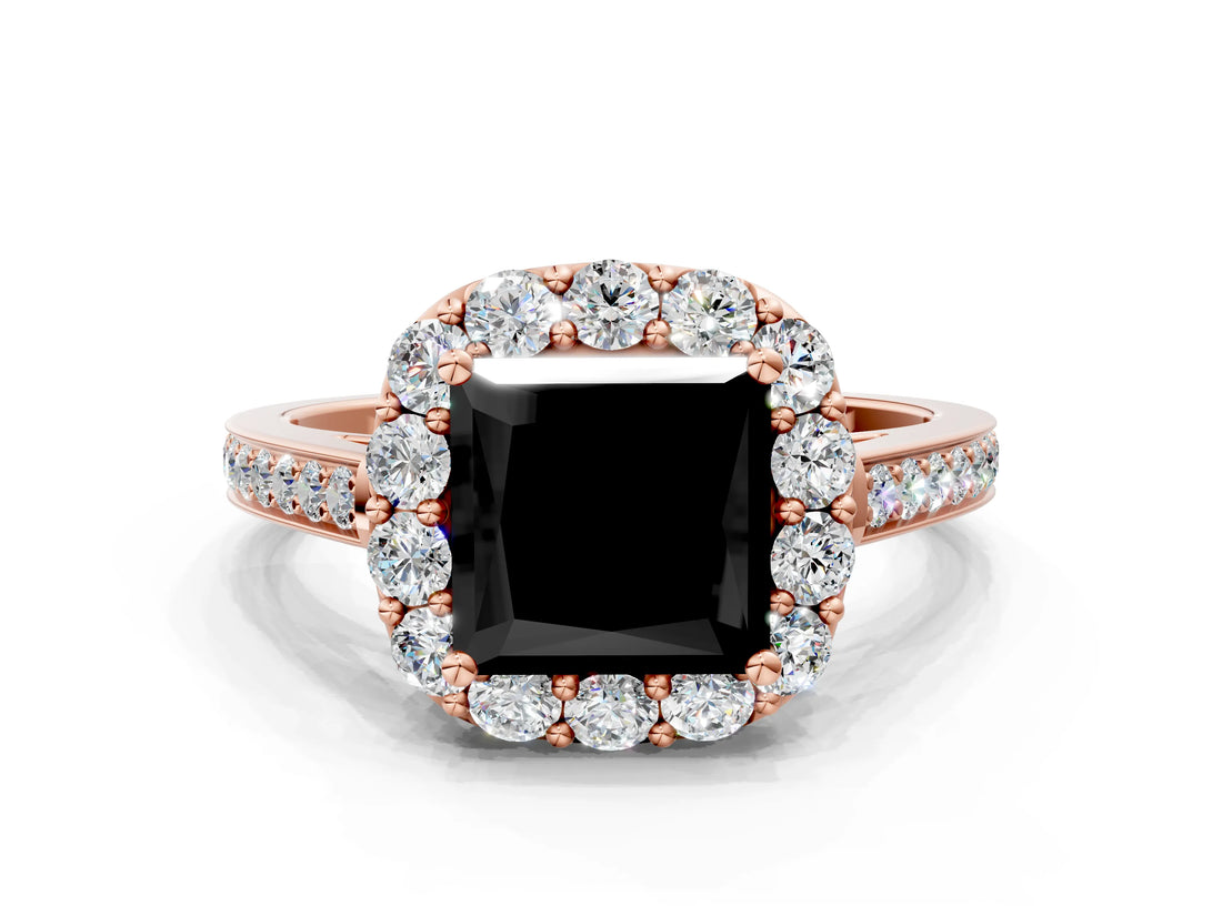 Rose gold Fancy Black Princess Cut Diamond Floral Halo Ring with Pavé Band and Prong Setting_3