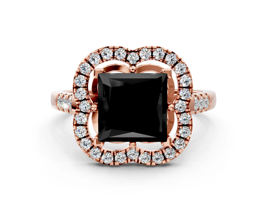 Rose gold Fancy Black Princess Cut Diamond Floral Halo Split Shank Prong Setting Ring