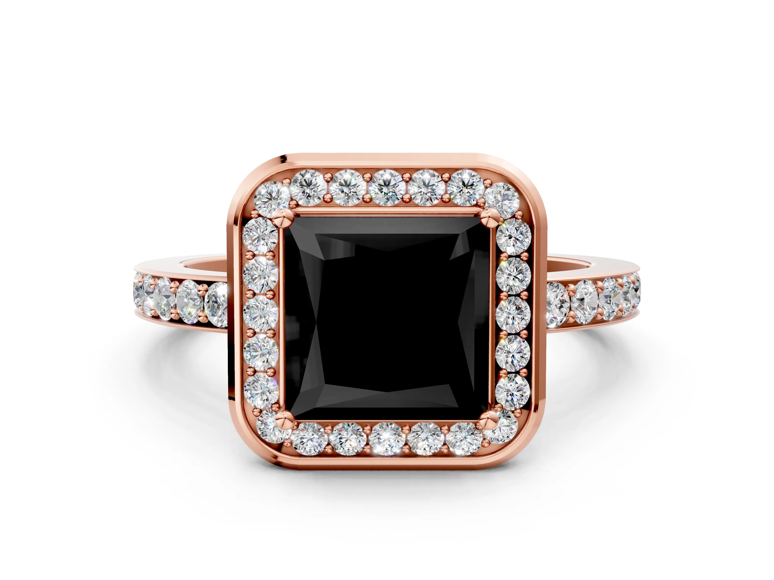 Rose gold Fancy Black Princess Cut Diamond Halo Ring with Bezel Frame and Pavé Band
