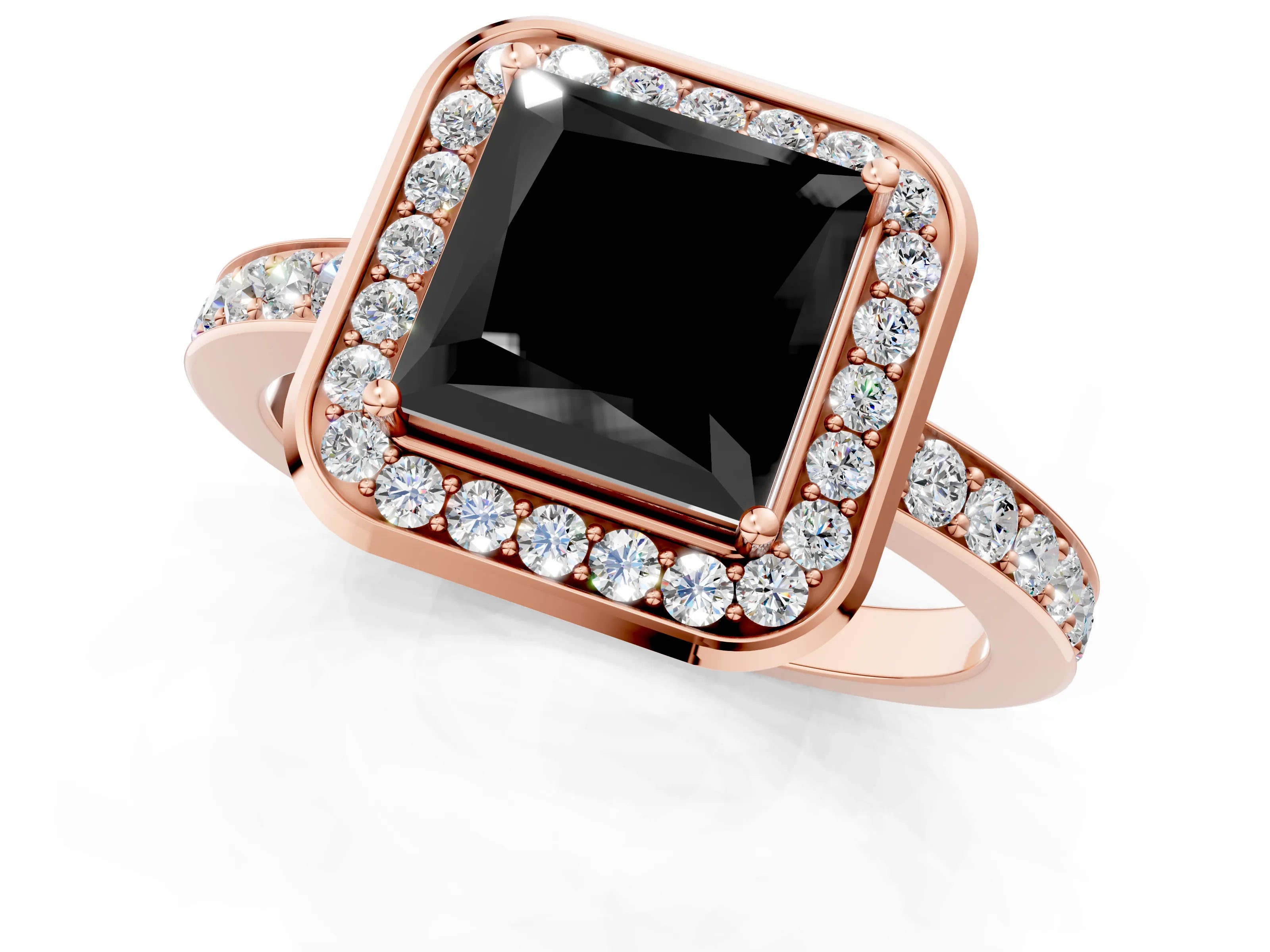Rose gold Fancy Black Princess Cut Diamond Halo Ring with Bezel Frame and Pavé Band_1