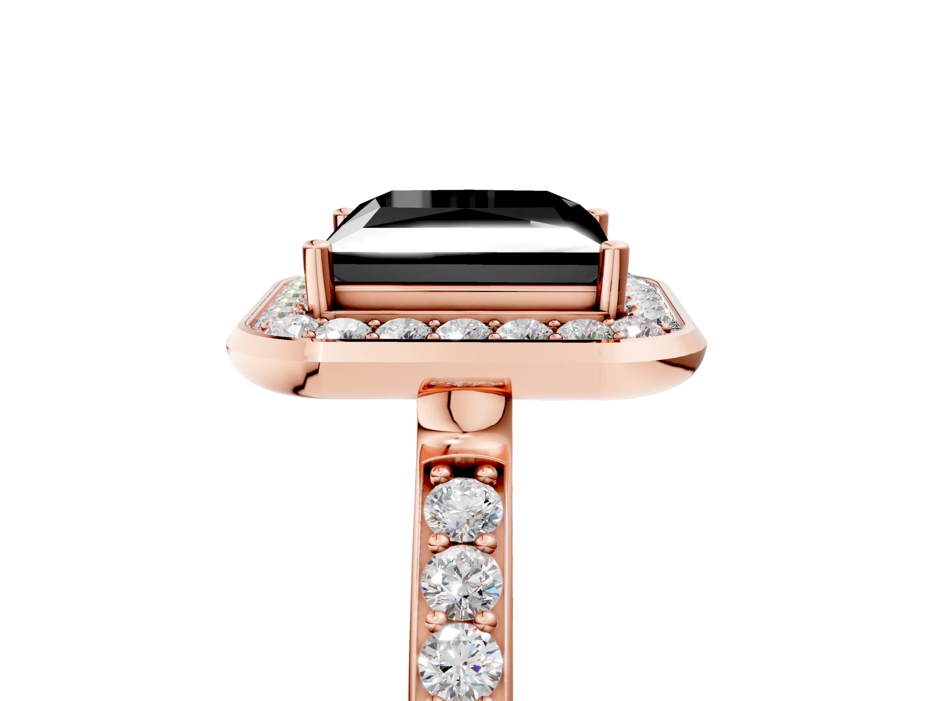Rose gold Fancy Black Princess Cut Diamond Halo Ring with Bezel Frame and Pavé Band_5