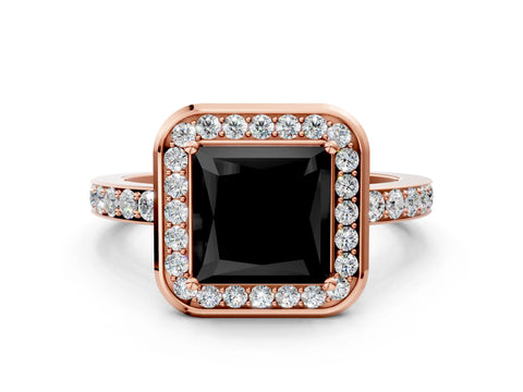 Rose gold Fancy Black Princess Cut Diamond Halo Ring with Bezel Frame and Pavé Band