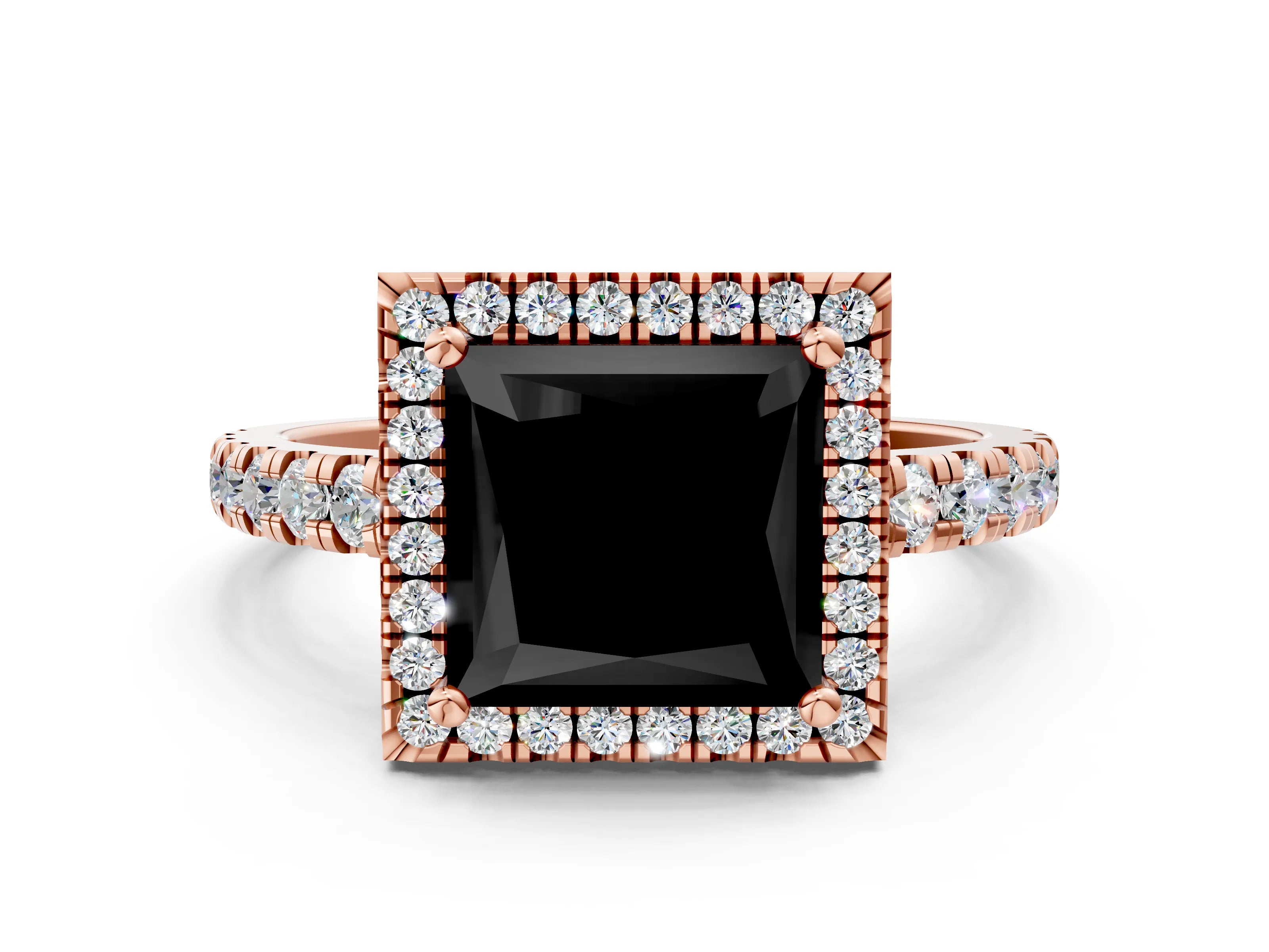 Rose gold Fancy Black Princess Cut Diamond Halo Ring with Pavé Band and Four-Prong Setting