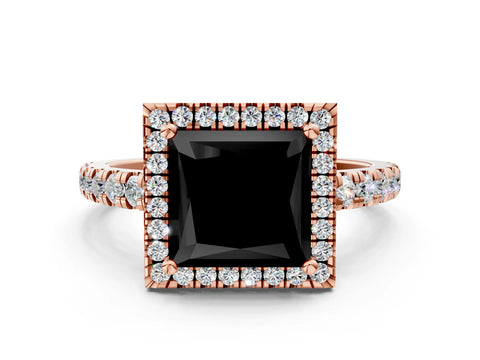 Rose gold Fancy Black Princess Cut Diamond Halo Ring with Pavé Band and Four-Prong Setting