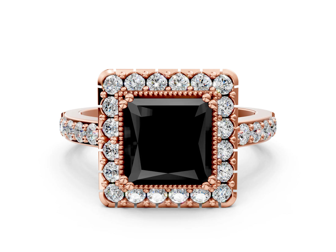 Rose gold Fancy Black Princess Cut Diamond Halo Ring with Pavé Band and Prong Setting
