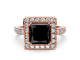 Rose gold Fancy Black Princess Cut Diamond Halo Ring with Pavé Band and Prong Setting
