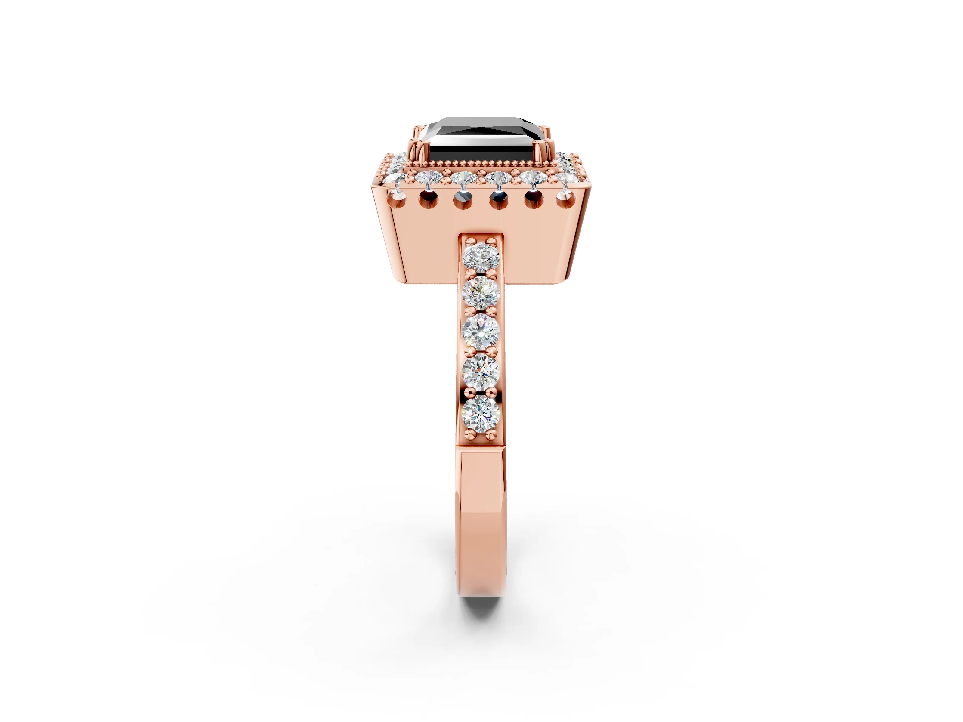 Rose gold Fancy Black Princess Cut Diamond Halo Ring with Pavé Band and Prong Setting_2