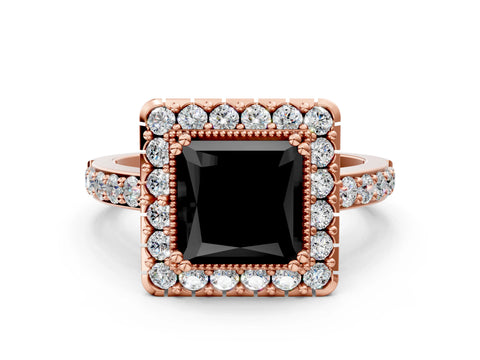 Rose gold Fancy Black Princess Cut Diamond Halo Ring with Pavé Band and Prong Setting