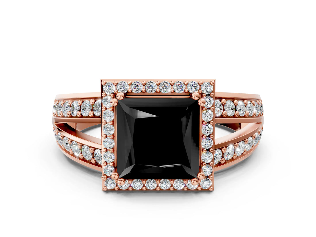 Rose gold Fancy Black Princess Cut Diamond Halo Ring with Split Shank Pavé Band and Four-Prong Setting