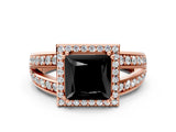 Rose gold Fancy Black Princess Cut Diamond Halo Ring with Split Shank Pavé Band and Four-Prong Setting