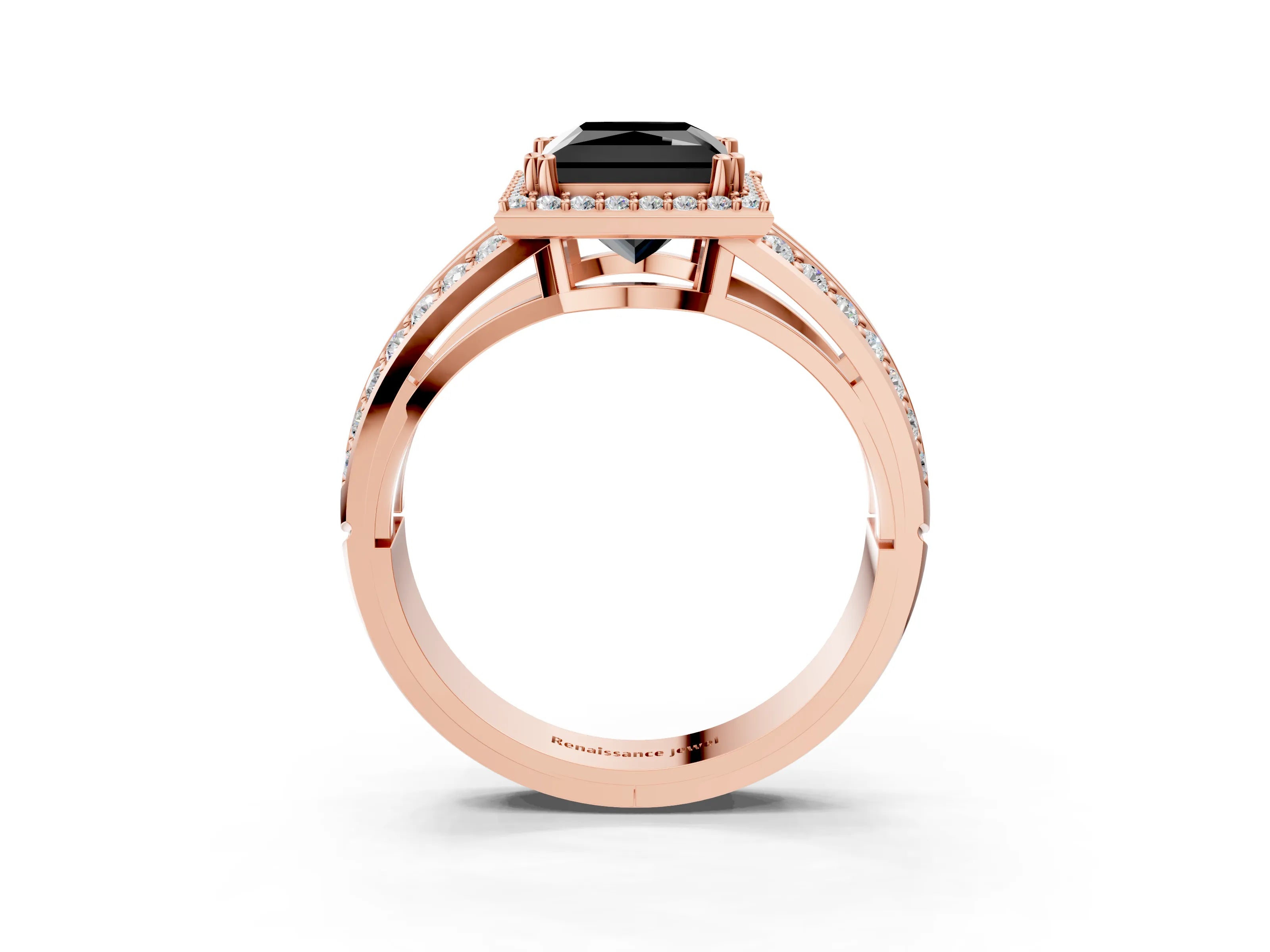 Rose gold Fancy Black Princess Cut Diamond Halo Ring with Split Shank Pavé Band and Four-Prong Setting_3