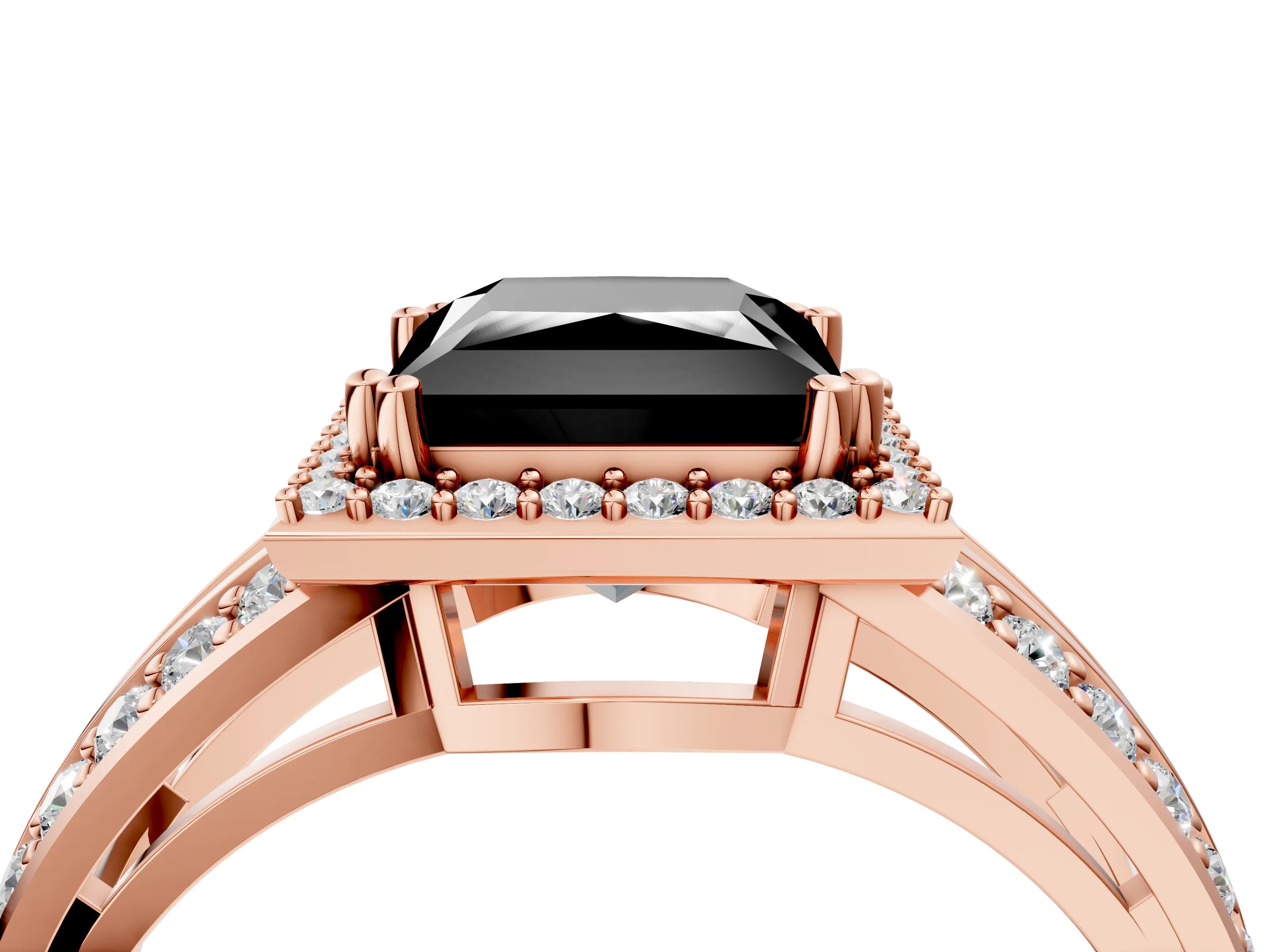 Rose gold Fancy Black Princess Cut Diamond Halo Ring with Split Shank Pavé Band and Four-Prong Setting_4
