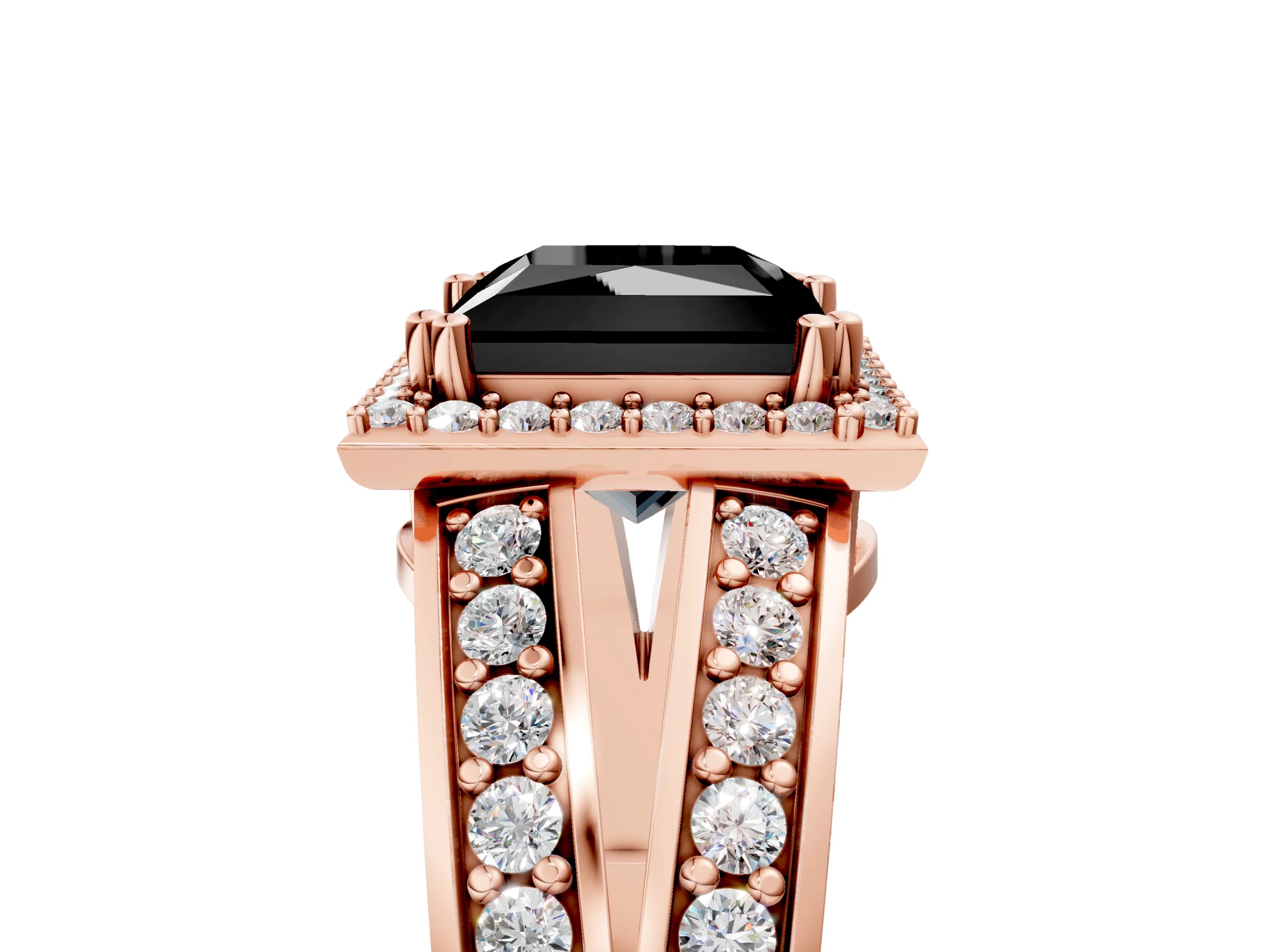 Rose gold Fancy Black Princess Cut Diamond Halo Ring with Split Shank Pavé Band and Four-Prong Setting_5