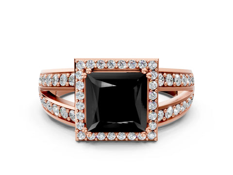 Rose gold Fancy Black Princess Cut Diamond Halo Ring with Split Shank Pavé Band and Four-Prong Setting