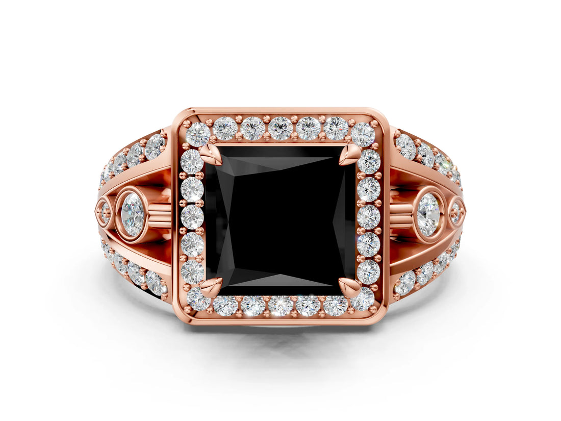 Rose gold Fancy Black Princess Cut Diamond Halo Ring with Split Shank and Bezel Accents and Four-Prong Setting