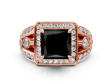 Rose gold Fancy Black Princess Cut Diamond Halo Ring with Split Shank and Bezel Accents and Four-Prong Setting