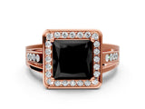 Rose gold Fancy Black Princess Cut Diamond Halo Ring with Split Shank and Bezel Accents and Prong Setting