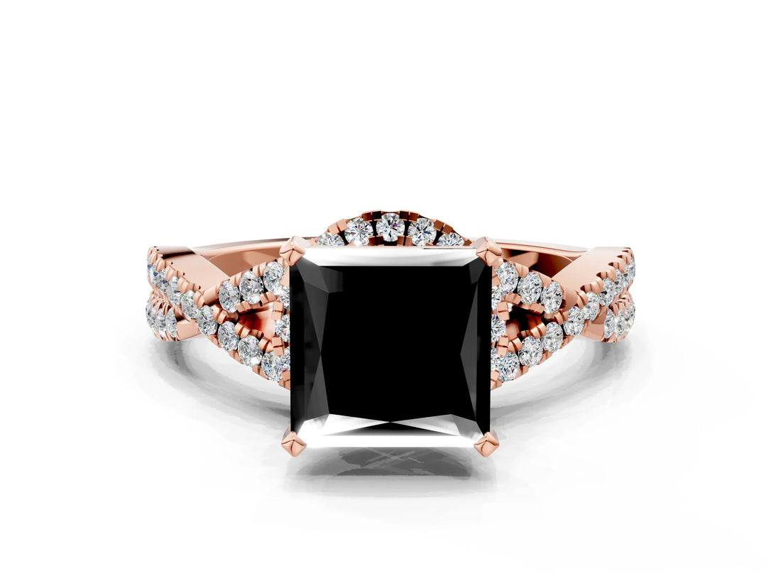 Rose gold Fancy Black Princess Cut Diamond Halo Twist Band Solitaire Prong Setting Ring