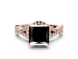 Rose gold Fancy Black Princess Cut Diamond Halo Twist Band Solitaire Prong Setting Ring