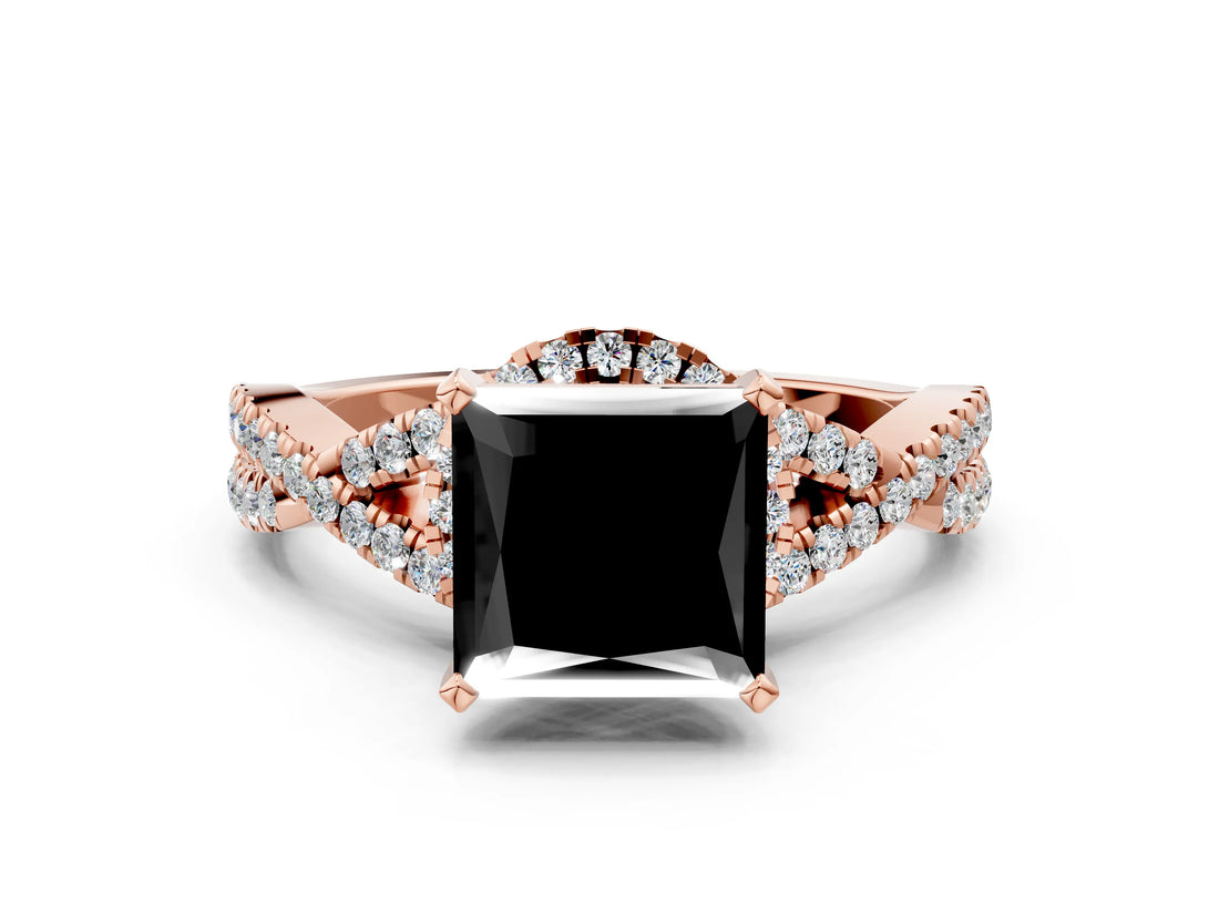 Rose gold Fancy Black Princess Cut Diamond  Halo Twist Band Solitaire Prong Setting Ring_36