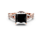 Rose gold Fancy Black Princess Cut Diamond  Halo Twist Band Solitaire Prong Setting Ring_36