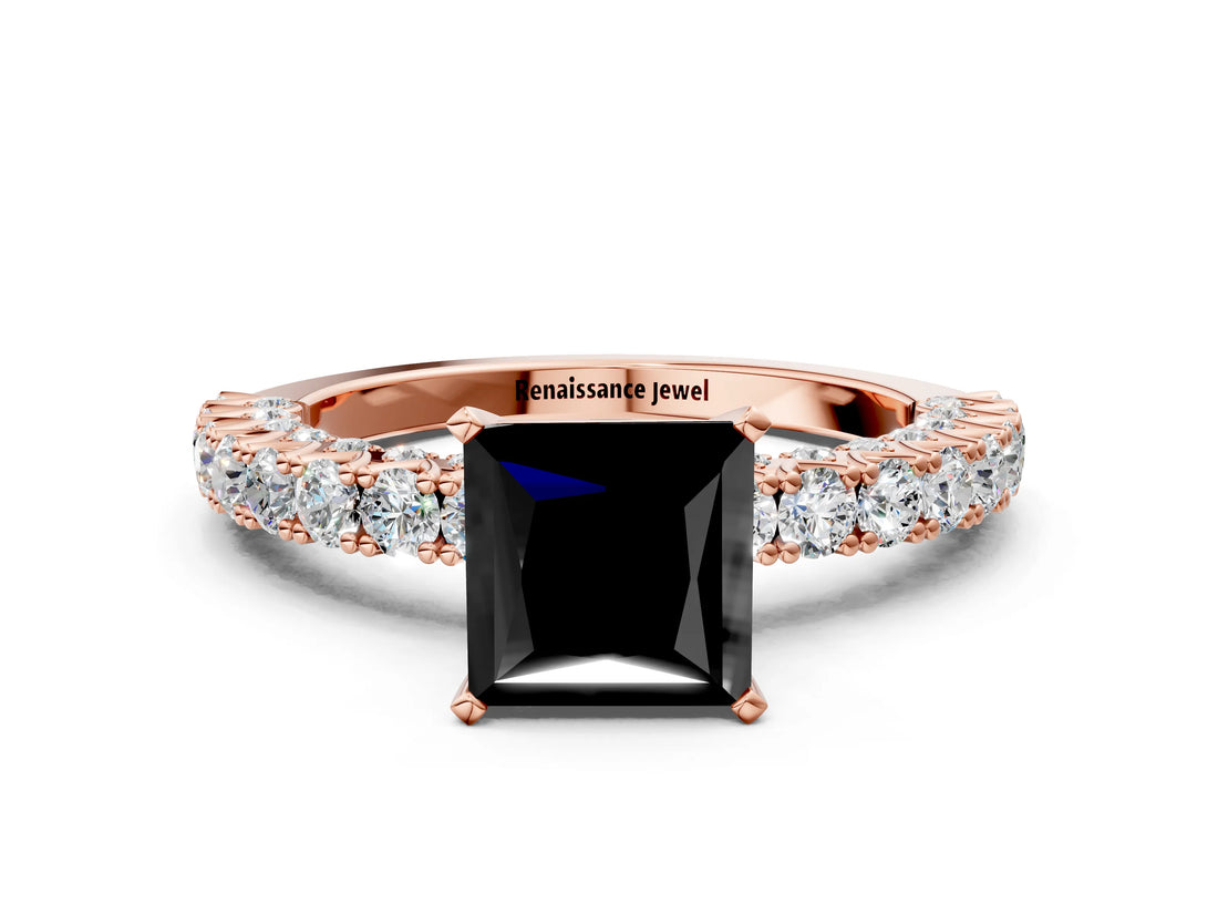 Rose gold Fancy Black Princess Cut Diamond Pavé Band Solitaire Ring with Prong Setting_12