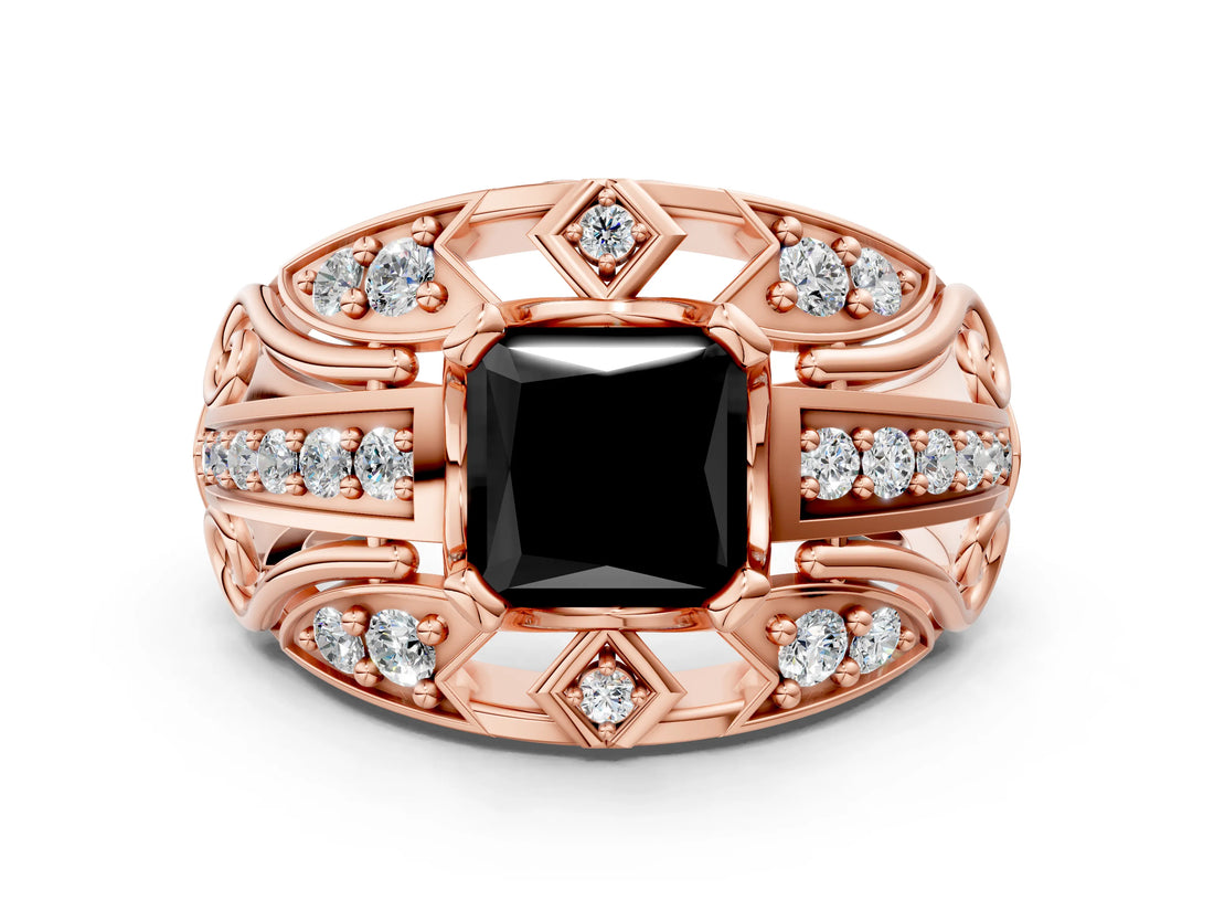 Rose gold Fancy Black Princess Cut Diamond Pave Art Deco Split Shank Ring with Four-Prong Setting