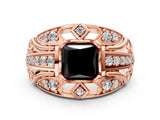 Rose gold Fancy Black Princess Cut Diamond Pave Art Deco Split Shank Ring with Four-Prong Setting
