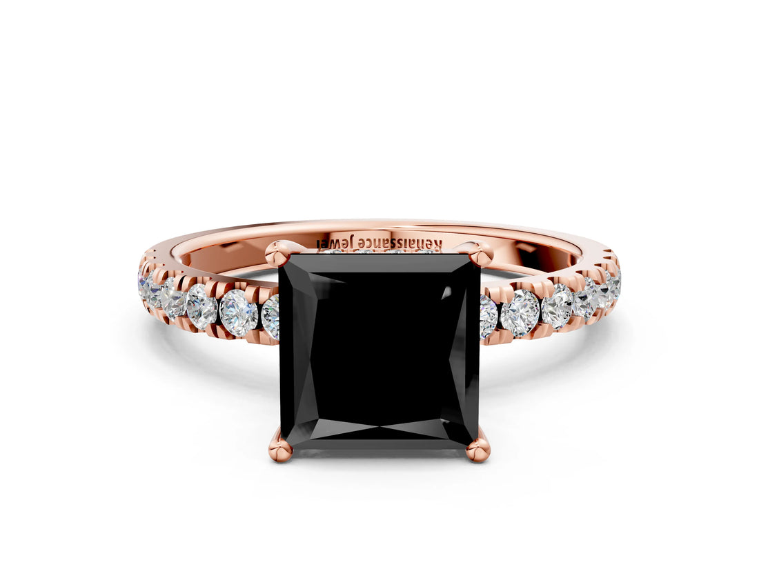 Rose gold Fancy Black Princess Cut Diamond Pave Band Solitaire Ring with Four-Prong Setting_12