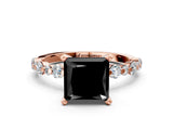 Rose gold Fancy Black Princess Cut Diamond Prong Set Engagement Ring with Pave Band