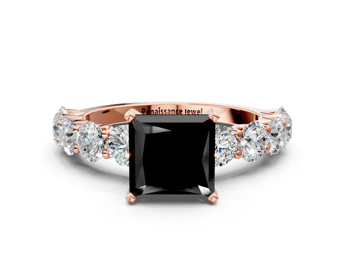 Rose gold Fancy Black Princess Cut Diamond Prong Setting with Side Stones on a Pave Band