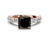 Rose gold Fancy Black Princess Cut Diamond Prong Setting with Side Stones on a Pave Band