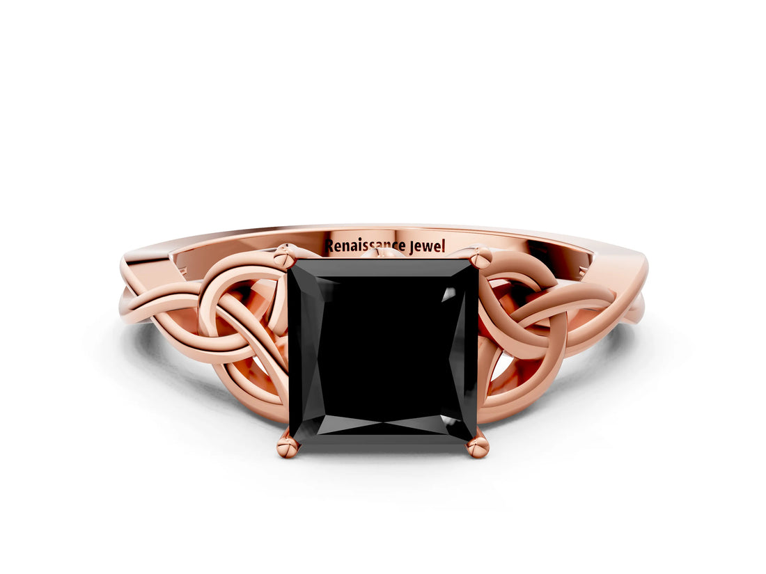 Rose gold Fancy Black Princess Cut Diamond Solitaire Engagement Ring with Celtic Knot Band and Four-Prong Setting