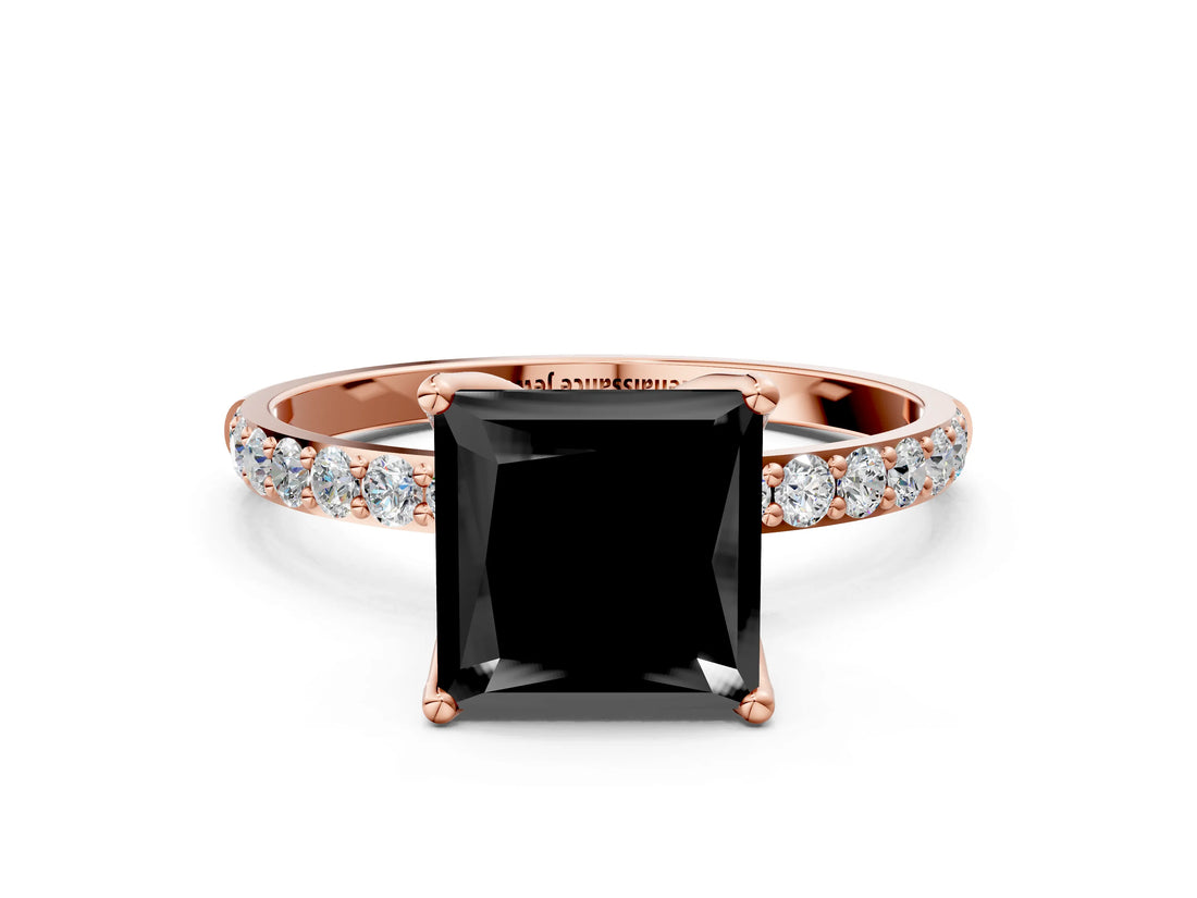 Rose gold Fancy Black Princess Cut Diamond Solitaire Engagement Ring with Pavé Band and Prong Setting