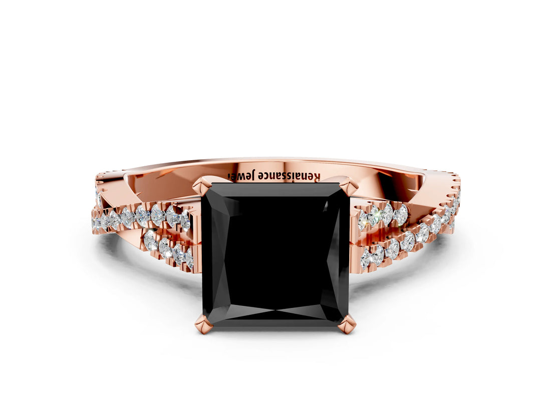 Rose gold Fancy Black Princess Cut Diamond Solitaire Engagement Ring with Twisted Pavé Band and Four-Prong Setting_24