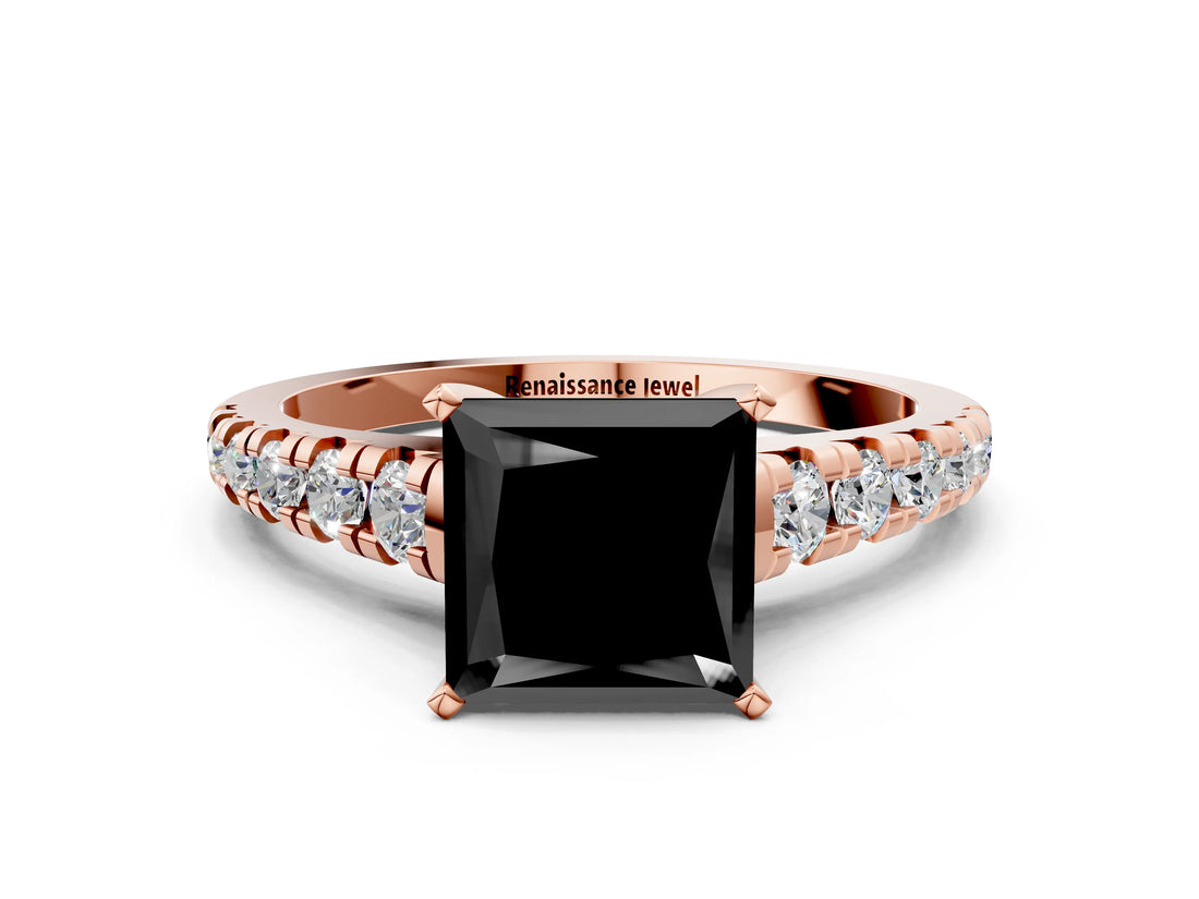 Rose gold Fancy Black Princess Cut Diamond Solitaire Ring with Cathedral Setting and Pavé Band