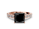 Rose gold Fancy Black Princess Cut Diamond Solitaire Ring with Cathedral Setting and Pavé Band