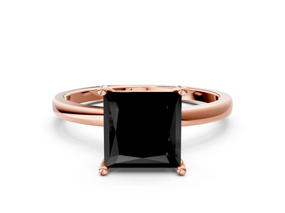 Rose gold Fancy Black Princess Cut Diamond Solitaire Ring with Classic Band and Four-Prong Setting