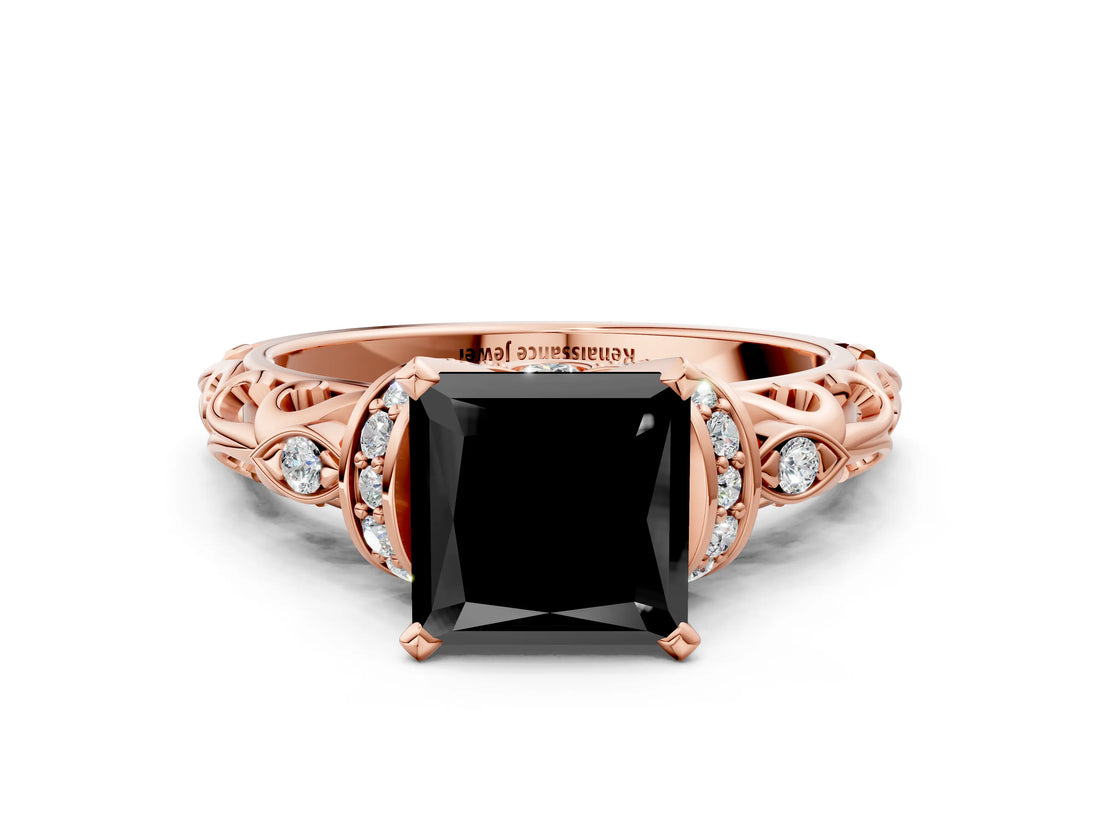 Rose gold Fancy Black Princess Cut Diamond Solitaire Ring with Filigree Band and Four-Prong Setting