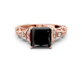 Rose gold Fancy Black Princess Cut Diamond Solitaire Ring with Filigree Band and Four-Prong Setting