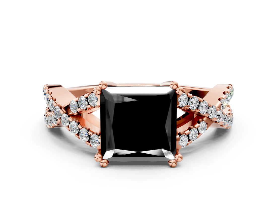 Rose gold Fancy Black Princess Cut Diamond Solitaire Ring with Four-Prong Setting and Twisted Pavé Band