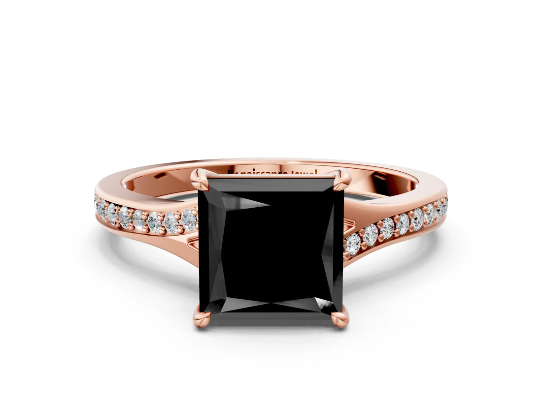 Rose gold Fancy Black Princess Cut Diamond Solitaire Ring with Pavé Band and Prong Setting_12