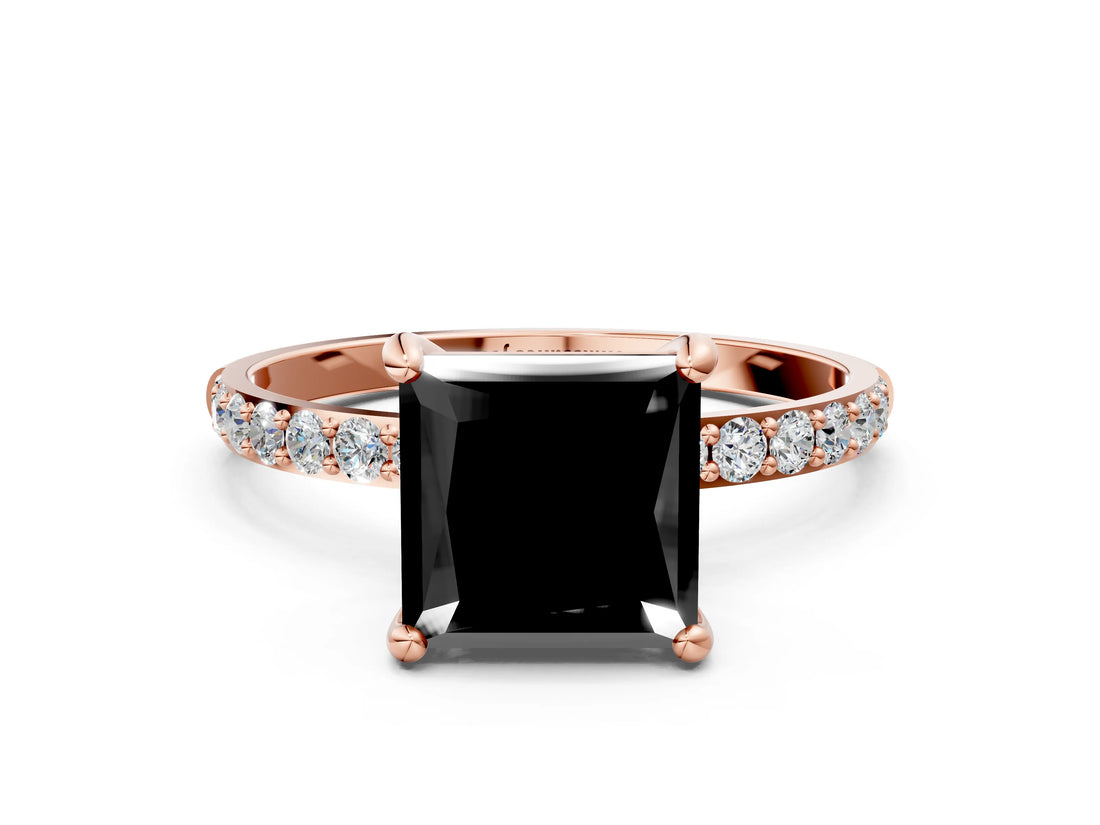 Rose gold Fancy Black Princess Cut Diamond Solitaire Ring with Pave Band and Four Prong Setting_12