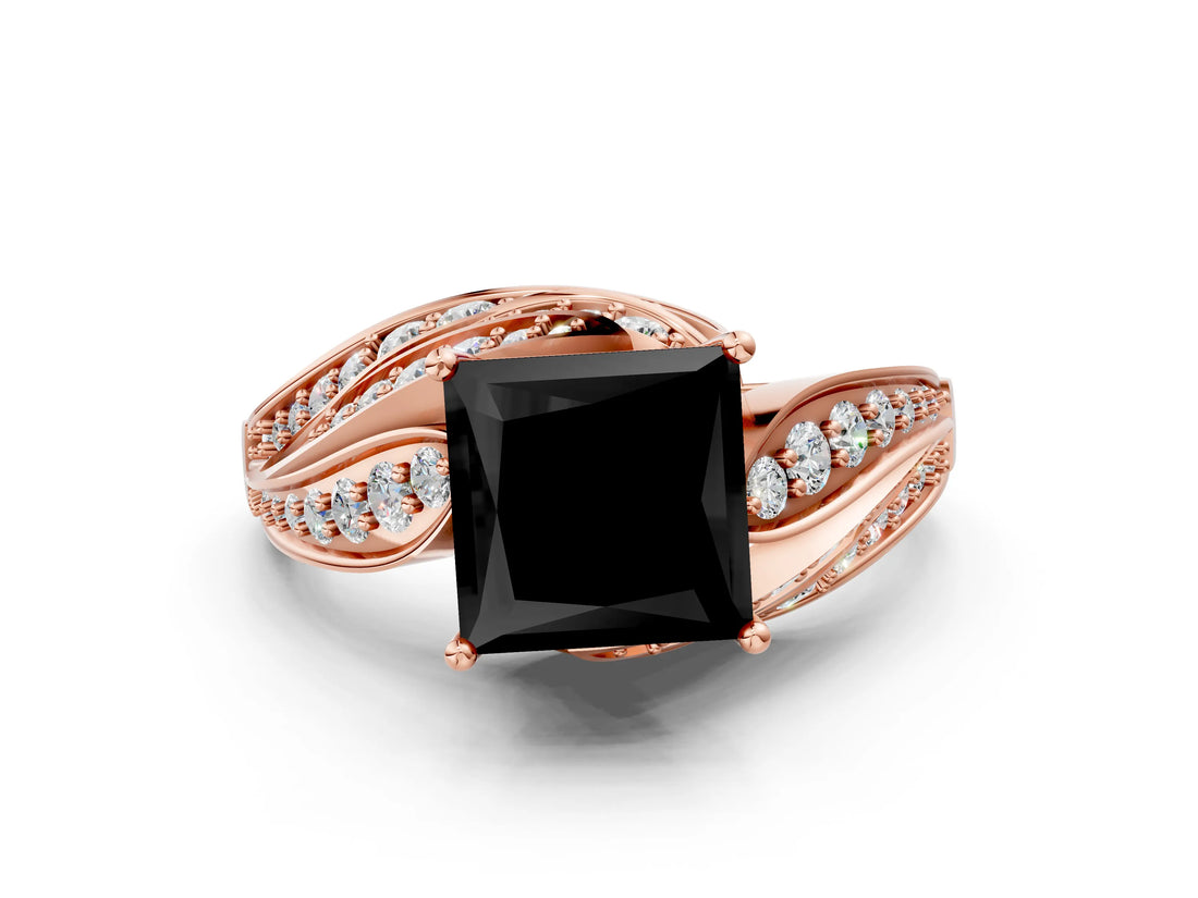 Rose gold Fancy Black Princess Cut Diamond Solitaire Ring with Prong Setting and Twisted Pavé Band