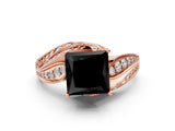 Rose gold Fancy Black Princess Cut Diamond Solitaire Ring with Prong Setting and Twisted Pavé Band